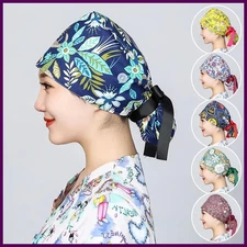 Unisex Doctor Nurse Bouffant Scrub Caps with Button Cotton Print Chef.