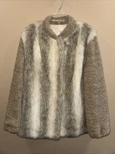 Vintage D'Esprit Faux Fur & Knit Coat Jacket Brown Tan Cream Womens