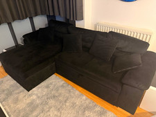 Black Corner Sofa with Chaise, Pull-Out Sofa Bed, Storage & Cushions