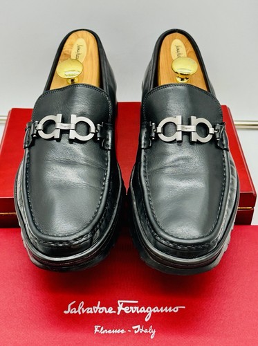 Ferragamo Mens Black Driving Loafers 13 Silver Horse Bit Luxury Slip On Shoes