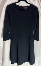 Tahari Black A-Line Knit Dress Size 6 3/4 Sleeve Pockets Back Zipper Knee Length