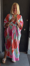 Natori Caftan Kaftan Aegean Dream M pre owned White Blue Pink Coral Luxury