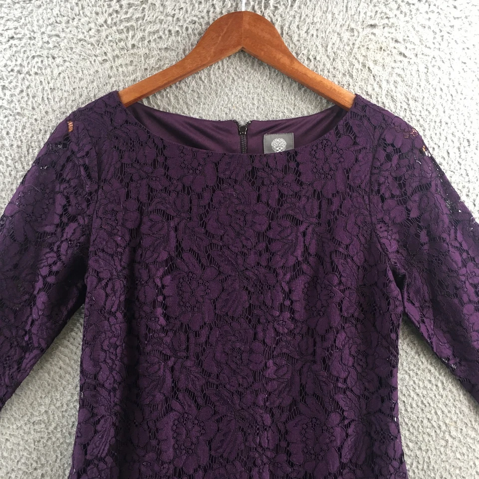 Vestido de cóctel Vince Camuto para mujer 4 púrpura encaje manga larga cuello barco informal Foto 2 de 4