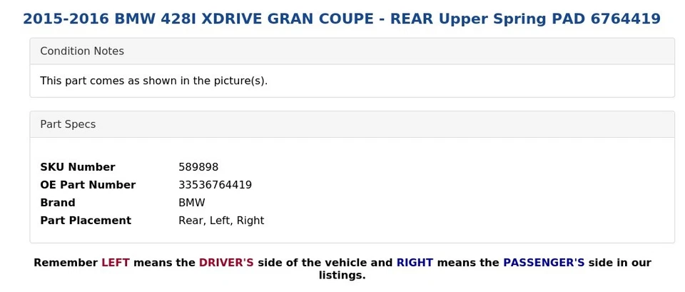 2015-2016 BMW 428I XDRIVE GRAN COUPE - REAR Upper Spring PAD 6764419 - Image 4 of 4