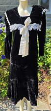 VTG 80s Gunne Sax by Jessica McClintock Black Velvet Lace Bow Midi Dress