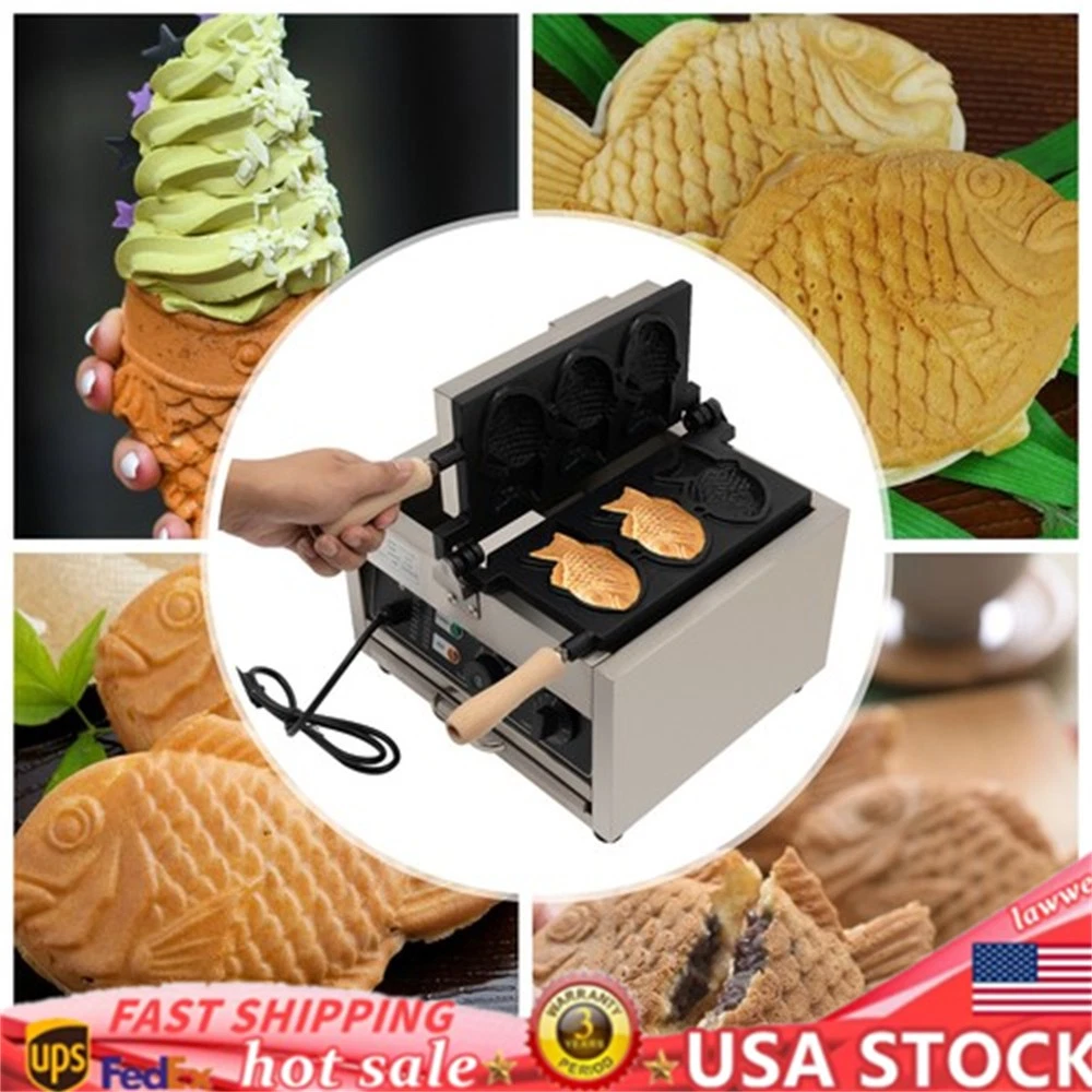 3 Grid Nonstick Taiyaki Waffle Making Machine Kitchen Baker Food Cooking 1500W