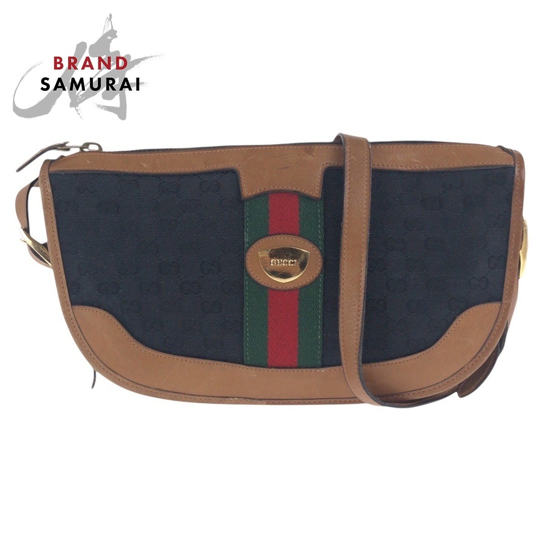 GUCCI Vintage Old Sherry Line Shoulder Bag Black Brown Gold Hardware Used