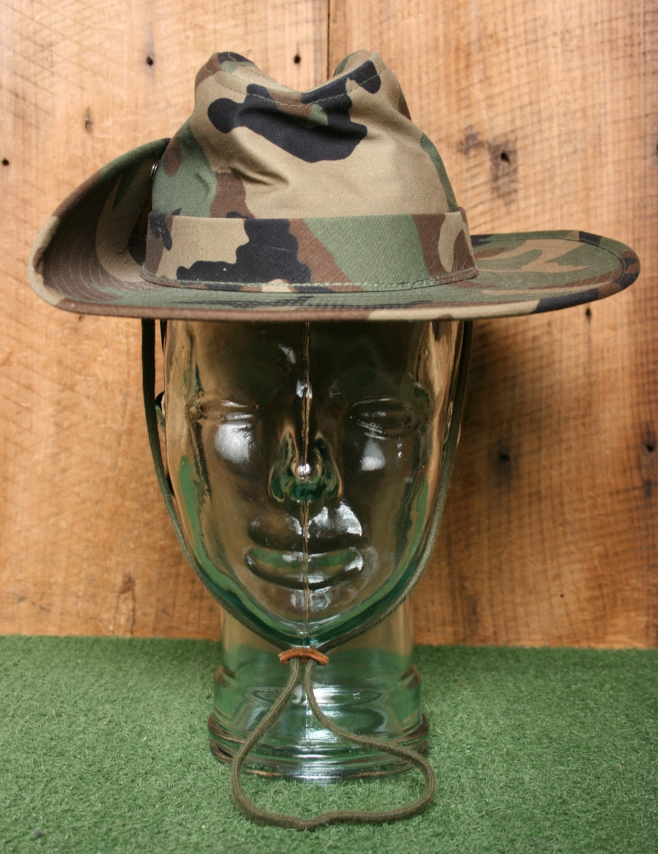 Vintage Woodland Camo Stiff Canvas Aussie Style Bush Hat Fits 6 1