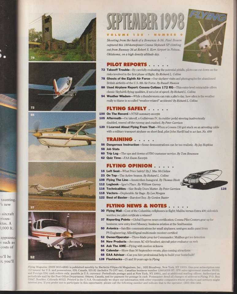 Flying Aviation Magazine Airsick Pilots, Takeoff Strategy, Cessna Sept. 1998 - Image 2 of 4
