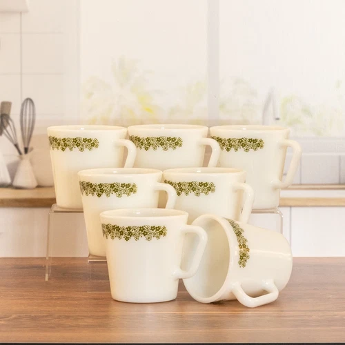 7- Vintage Pyrex Crazy Daisy Spring Blossom Coffee Cups Mugs "D" Handle #1410