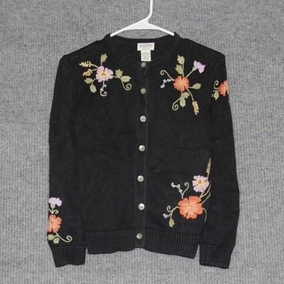 Vintage Classic Elements Cardigan Sweater Womens S Black Floral Cozy Grandma