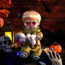 Boy Halloween Animatronic Ghost Creepy Haunted Doll, Sound Activated, Scary... 
