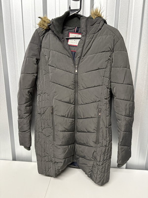 Tommy Hilfiger Damen Chevron Parka Jacke. Grau. Lange Länge. Abnehmbares Fell. 