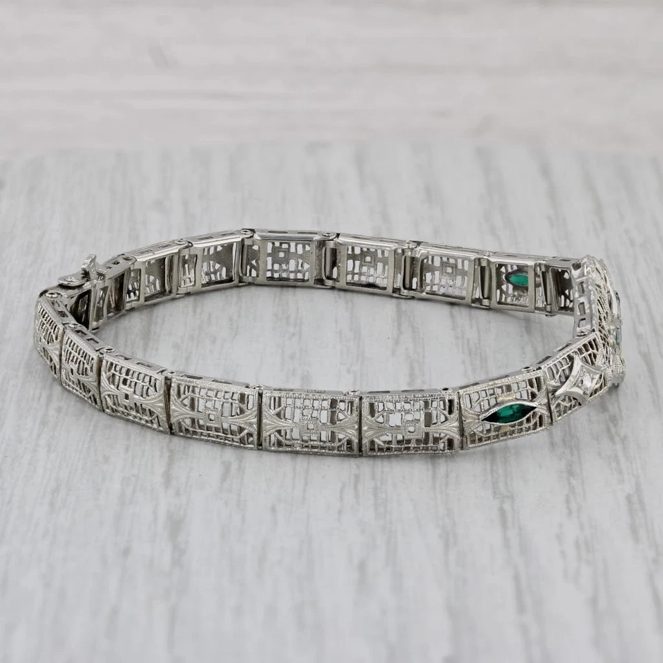 Art Deco Diamond Imitation Emerald Filigree Bracelet 14k White Gold 7" - Image 4 of 4