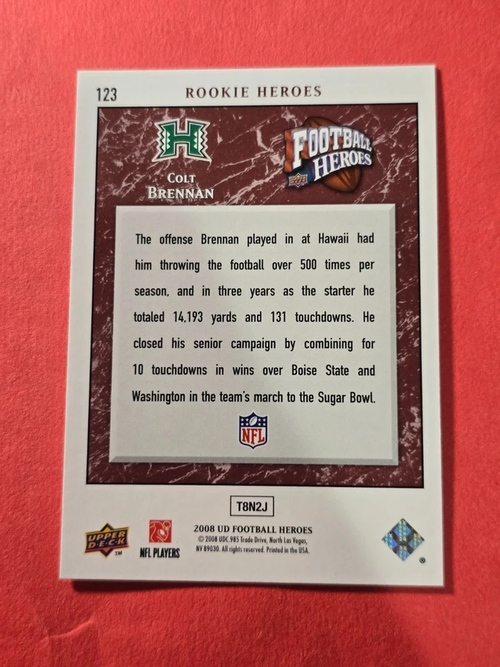 2008 Upper Deck Heroes #123 Colt Brennan, Rookie, cd1 - Image 2 of 3