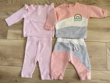Baby Girls M&S 0-3 Months Trouser Set Outfit Bundle Pink Heart Rainbow Stripes