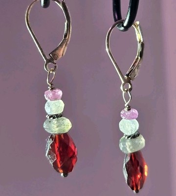 925 Sterling Silver Drop Earrings Presidium Tested Garnet Spinel Aquamarine VTG