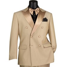 VINCI Men's Beige Double-Breasted Modern Fit Tuxedo w/ Flex Waist NEW