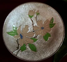 Metal Compote Pedestal Dish-Purple Enamel Flowers on Scored Silver Background