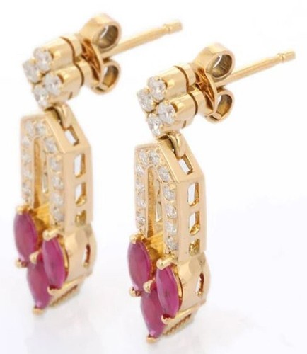 1.02ct Natural round Diamond ruby 14k yellow gold dangler Wedding earrings - Picture 2 of 4