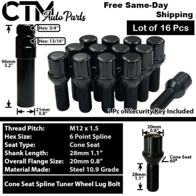 16x Black 12x1.5 Spline Tuner Lug Bolts Audi Volkswagen Smart Aftermarket Wheels