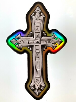 Mr Cartoon Cross Sticker Gray Iridescent Vending Machine Decal Religious