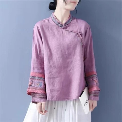 Women Ethnic Embroidered Tops Cotton Linen Shirts Blouse Chinese Frog Button Top - Picture 3 of 17