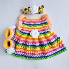0-3 month Baby Girl Frock Shoes Headband Set Handmade Crochet Dress for Kids