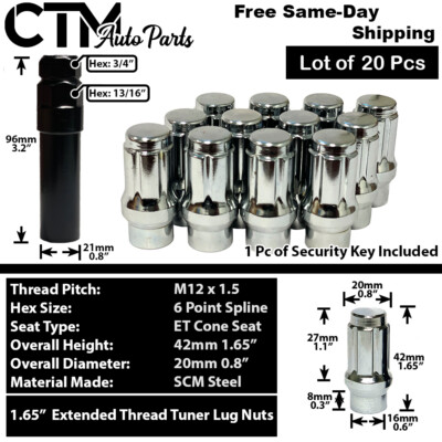 20x Chrome 1.6'' Tall 12x1.5 ET Style Spline Tuner Lug Nut+Key Fit Chrysler Model