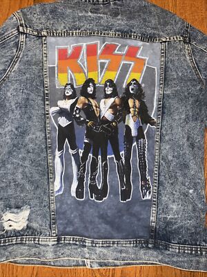 Kiss Rock Metal Studded Patched Denim Jacket Size L Carbon Kiss Rock Metal Studded Patched Denim Jacket Size L Carbon