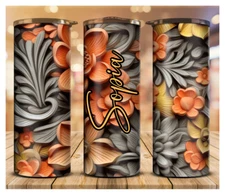 20oz STAINLESS STEEL SKINNY TUMBLER  CARVED WOOD FLORAL TUMBLER.