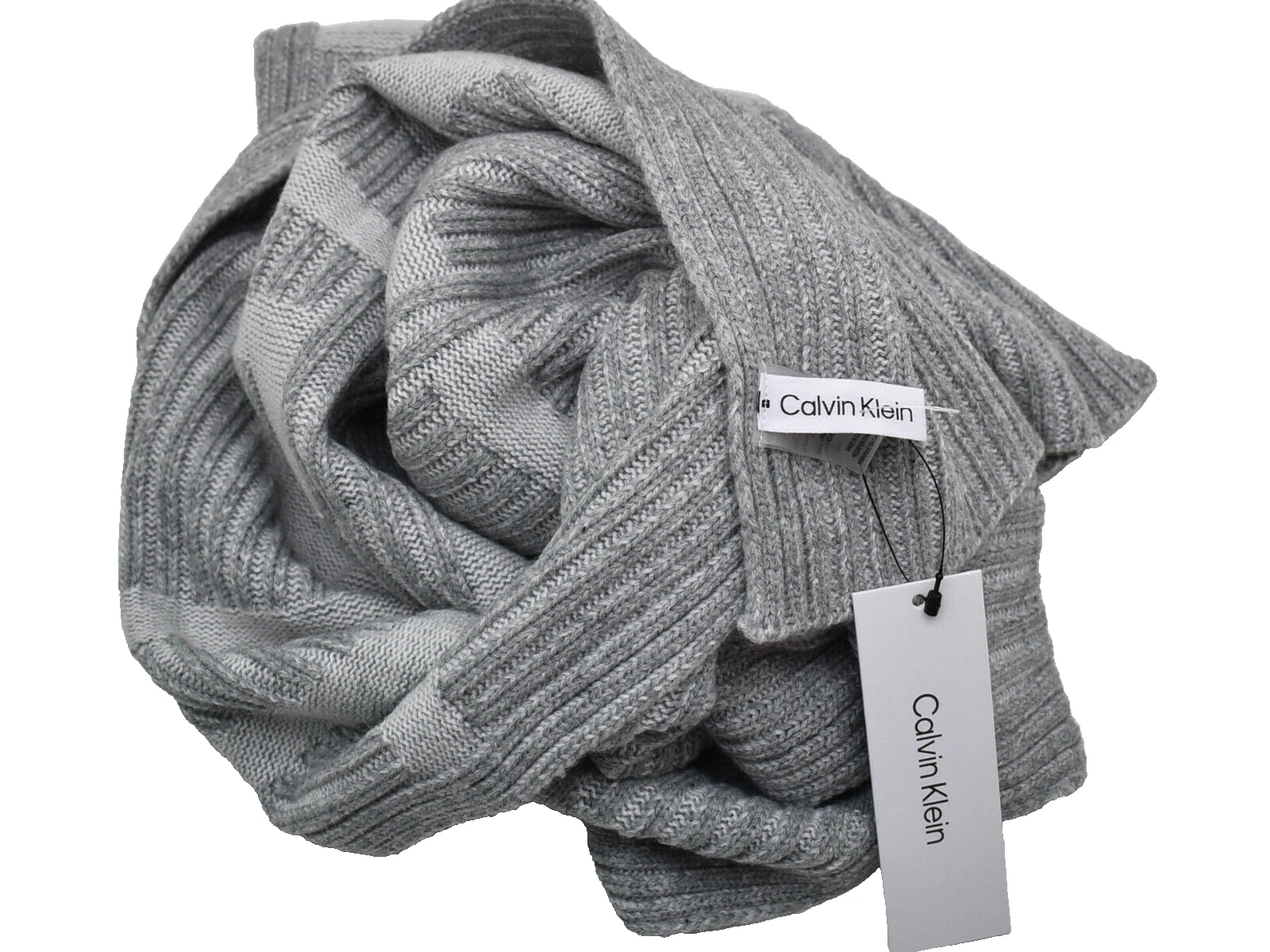 Calvin Klein Large Logo Ribbed Knit Scarf Heather Grey White New! NWT