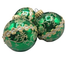 Green  Gold Floral Christmas Ornaments Set Of 3