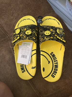 Smiley Croc Slides CROCS Smiley World Sandal Crocs White Black Yellow Slides  main image 2