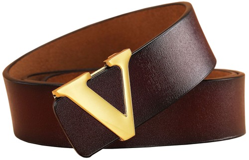 Men's Classic Gold/Silver V-Buckle Design Soft Calfskin Belt Gift For Birthday - Picture 7 of 8