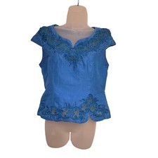 Embroidered Floral Blouse Cap Sleeve 70s Vintage Blue Top Party Cocktail S