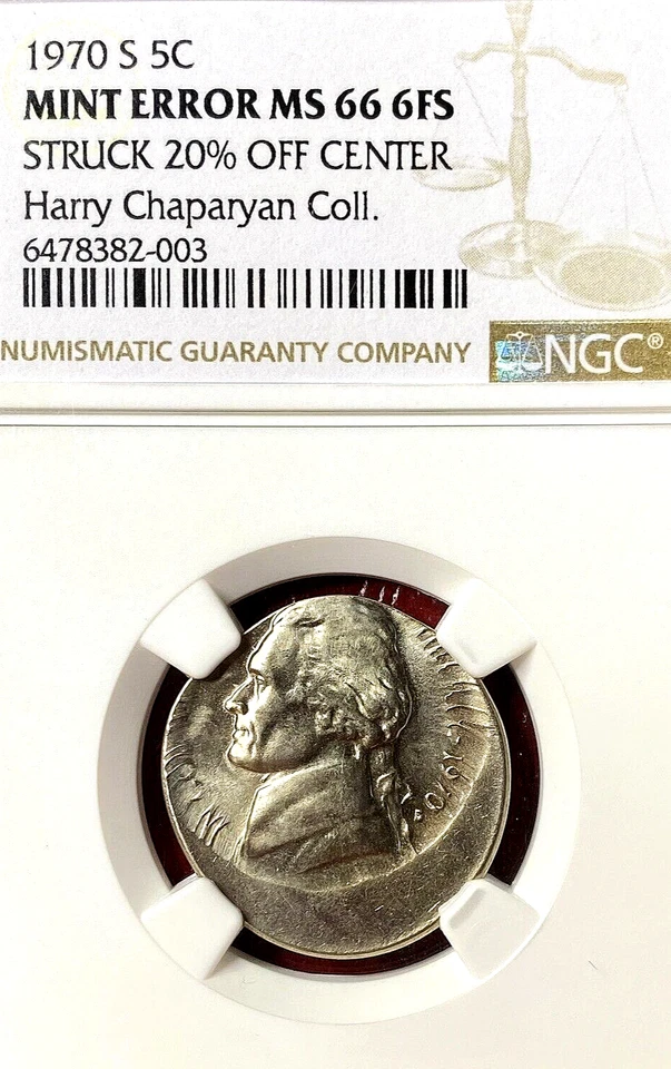 NGC MS-66 SIX STEPS  6 FS! 1970-S JEFFERSON NICKEL STRUCK 20% OFF CENTER ERROR - Image 3 of 3