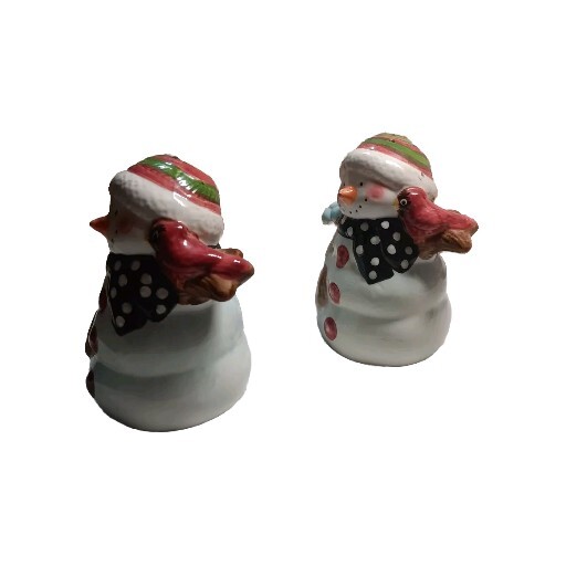 Ceramic Christmas Snowman w Cardinals Salt & Pepper Shakers