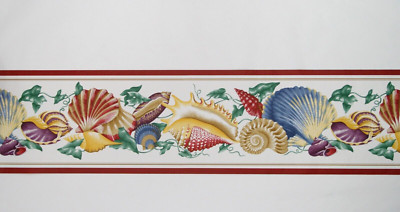 Vintage Wallpaper Border Sea Shells Bright Colors on White Beach Ocean Theme