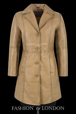 Damen Echt Leder Eleganter Trenchcoat Beige Lammleder Knielang Designer Mantel