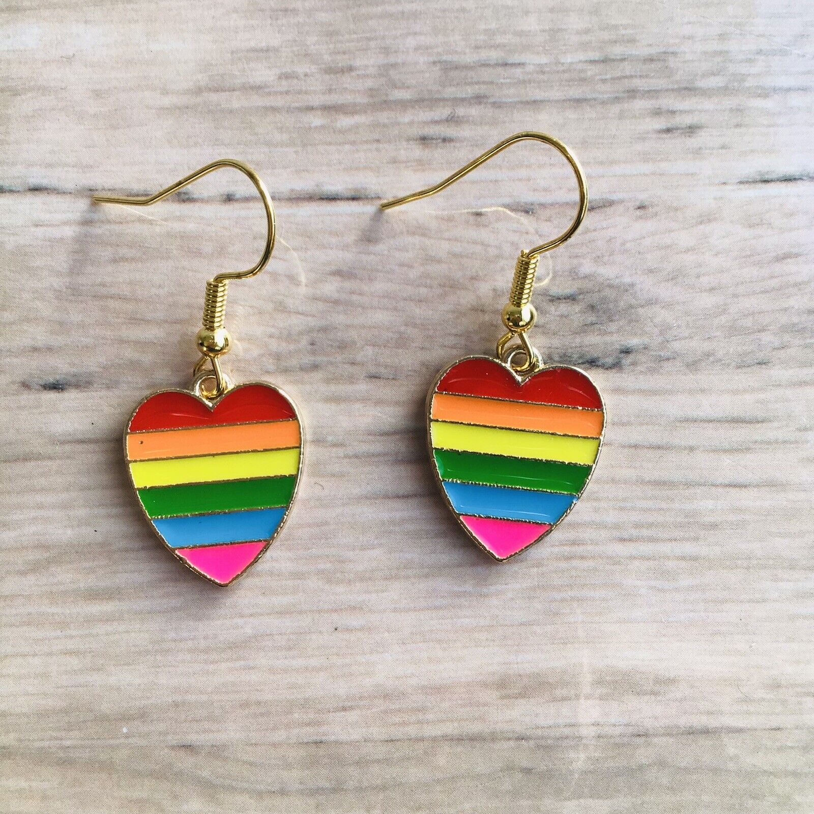 Earrings Rainbow Flag Hearts Enamel Dangle Gold Plated Novelty Pride Jewellery