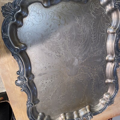Antique Serving Footed Tray Silver plate Large 17”x23” Crown BSC