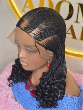 Women  s Black Micro Braided Lace Front Wig with Curly Ends   Cornrow Wave Patter