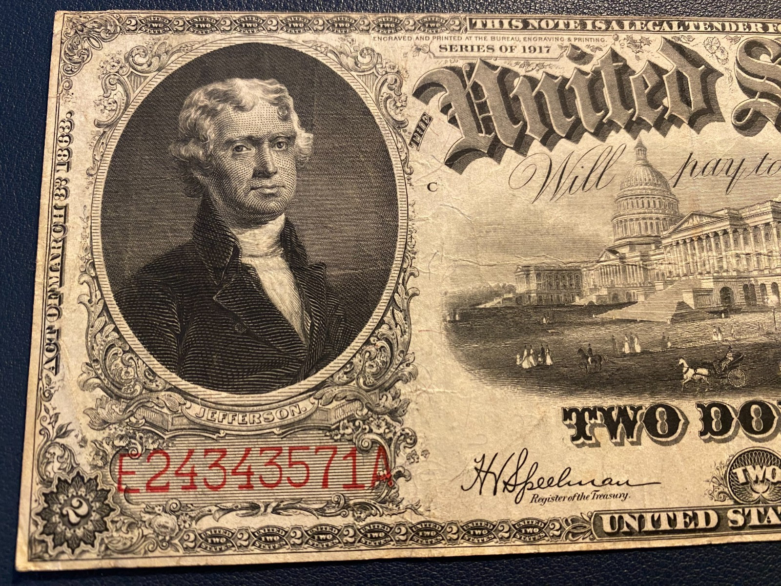 1917 $2 LEGAL TENDER NOTE RED SEAL LARGE SIZE