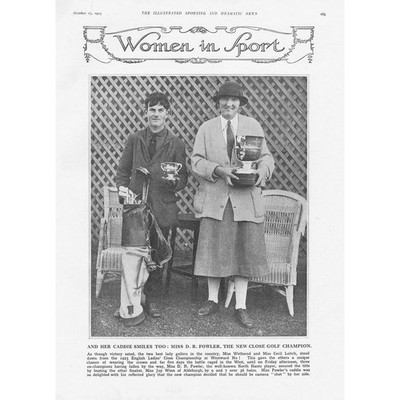 Golf Miss D.R. Fowler & Caddie, Close Champion at Westward Ho Antique Print 1925
