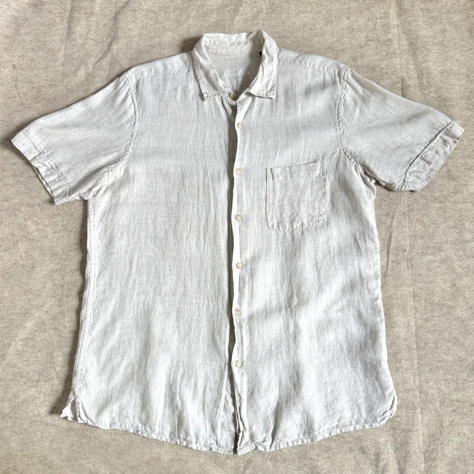 Tasso Elba 100% linen button front shirt mens L beige short sleeve beachy
