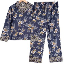 Vera Bradley Women Navy Blue Floral Cotton Pajama Set Large Button Front Preppy