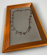 90s Vintage Necklace Gunmetal Tone Links Red Dangly Glass Beads Choker Style