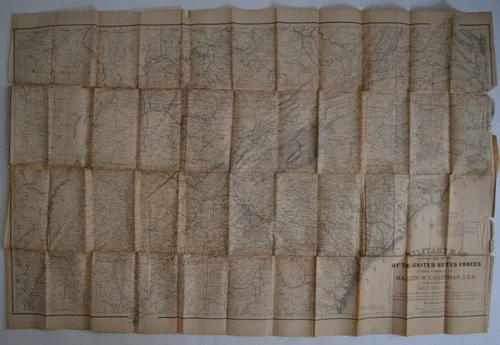 1865 Civil War Military Map W.T. Sherman Marches United States Forces