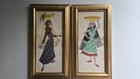 Vintage 1966 Cairo Egypt Mixed Media Folk Art Framed Pair Fabric Collage Women S